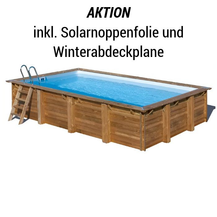 aufgebauter Echtholzpool inkl. Solarnoppenfolie und Winterabdeckplana Aktion