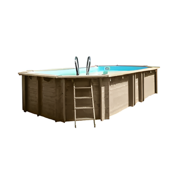 aufgebauter Pool mit Leitern, freie Ansicht
