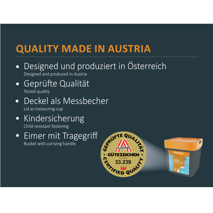 Steinbach Poolchemie Vorteile – in Österreich produziert, recycelte Verpackung, optimal für Desinfektion