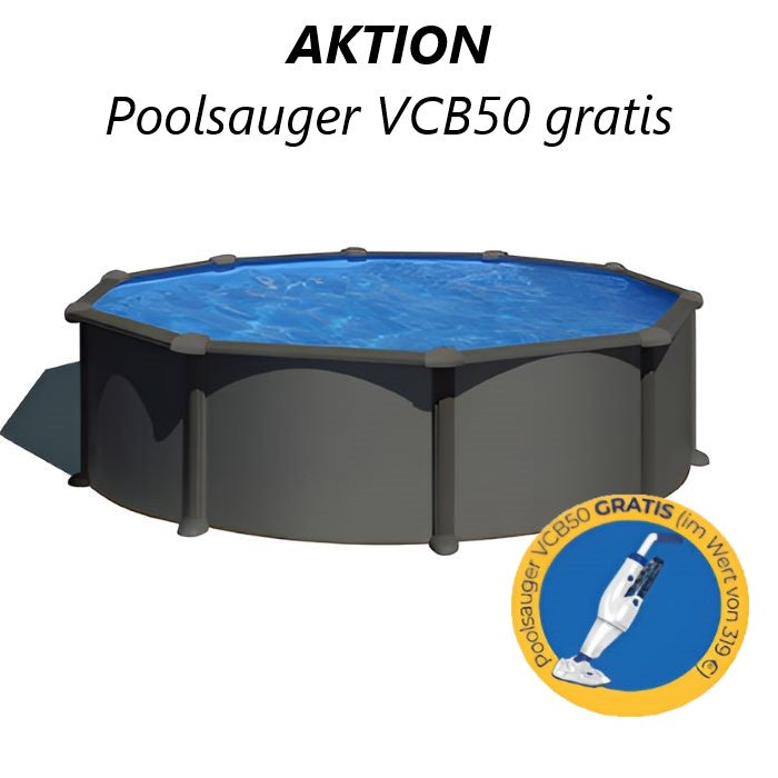 GRE Anthracite Rundpool in Anthrazit mit Hinweis auf den gratis VCB50 Poolsauger