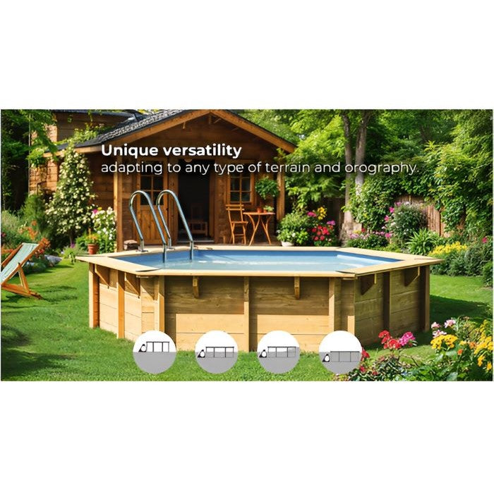 Holzpool im Garten mit schematischen Darstellungen verschiedener Aufstell- und Einbauvarianten