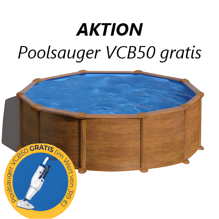 GRE Mauritius Rundpool in Holzoptik mit Hinweis auf den gratis VCB50 Poolsauger