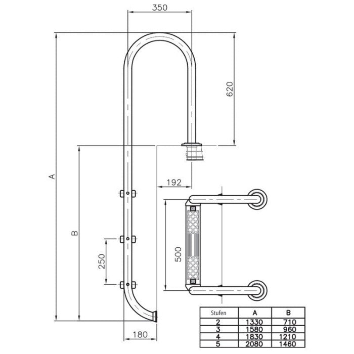 Einbaubeckenleiter für 120 cm Tiefe - schmale Ausführung (Skizze)