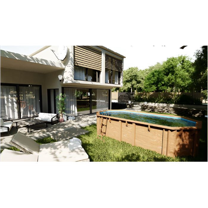 aufgebauter Echtholzpool im Garten, freistehend