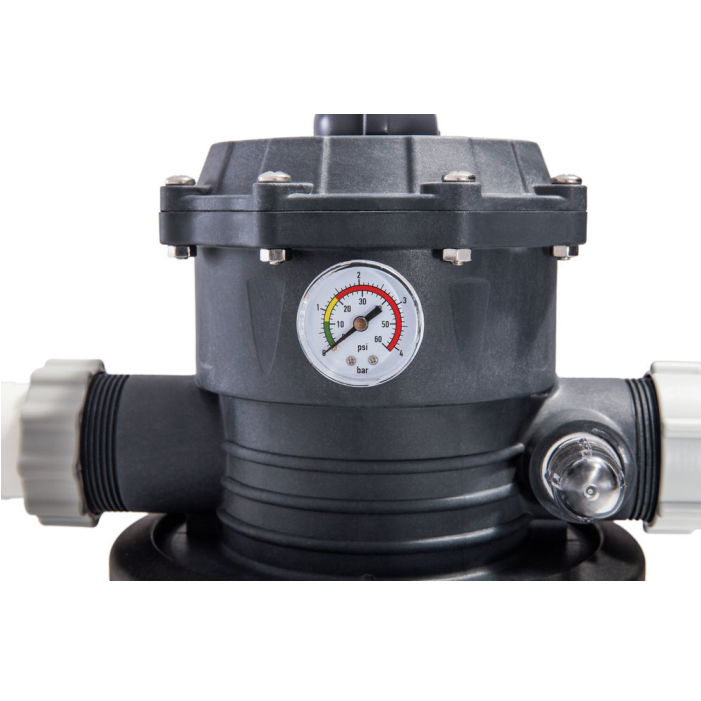 Ansicht des Wege-Ventils mit Manometer der Intex Sandfilteranlage SX1500