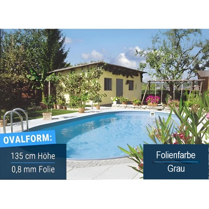 Compact Deluxe Ovalpool im Garten mit grauer Innenfolie, 135 cm Höhe und 0,8 mm Folienstärke
