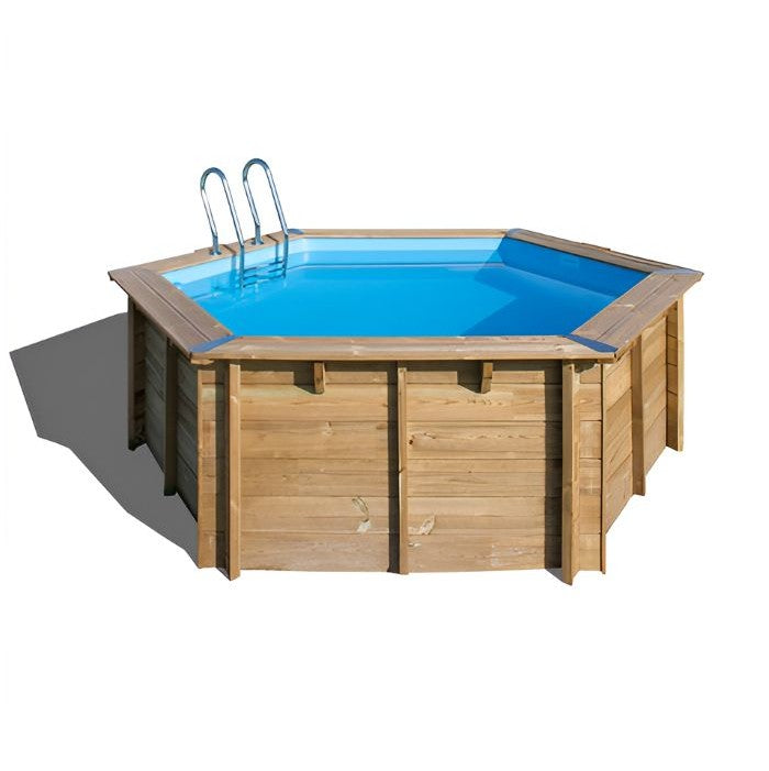 Gre Violette 2 Echtholzpool mit blauer Innenfolie und Einstiegsleiter, freigestellte Gesamtansicht