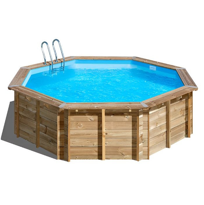 Gre Violette 2 Echtholzpool mit blauer Innenfolie und Einstiegsleiter, freigestellte Gesamtansicht