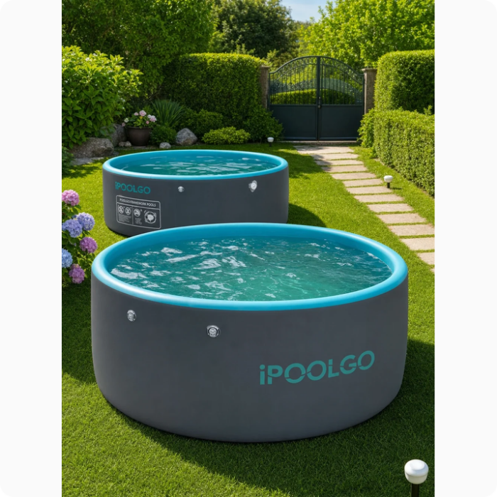 Zwei runde iPoolGo Pools mit grauer Außenwand und türkiser Innenseite auf einer Rasenfläche im Garten