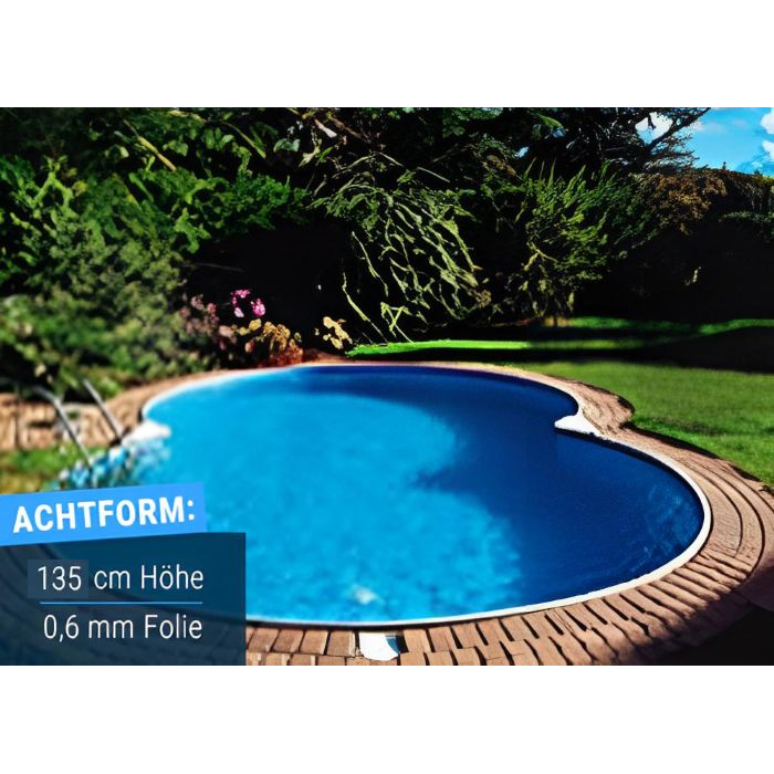 Stahlwandpool Compact in Achtform mit Holzumrandung im Garten, mit Hinweis auf 135 cm Höhe und 0,6 mm Innenfolie.
