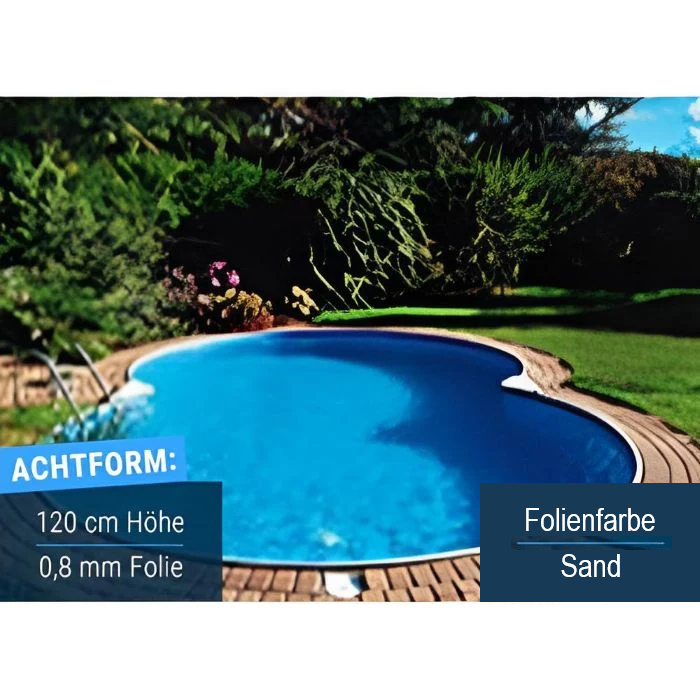Compact Deluxe Achtform-Stahlwandpool mit sandfarbener Innenfolie im Garten, 120 cm hoch und mit 0,8 mm Folienstärke.